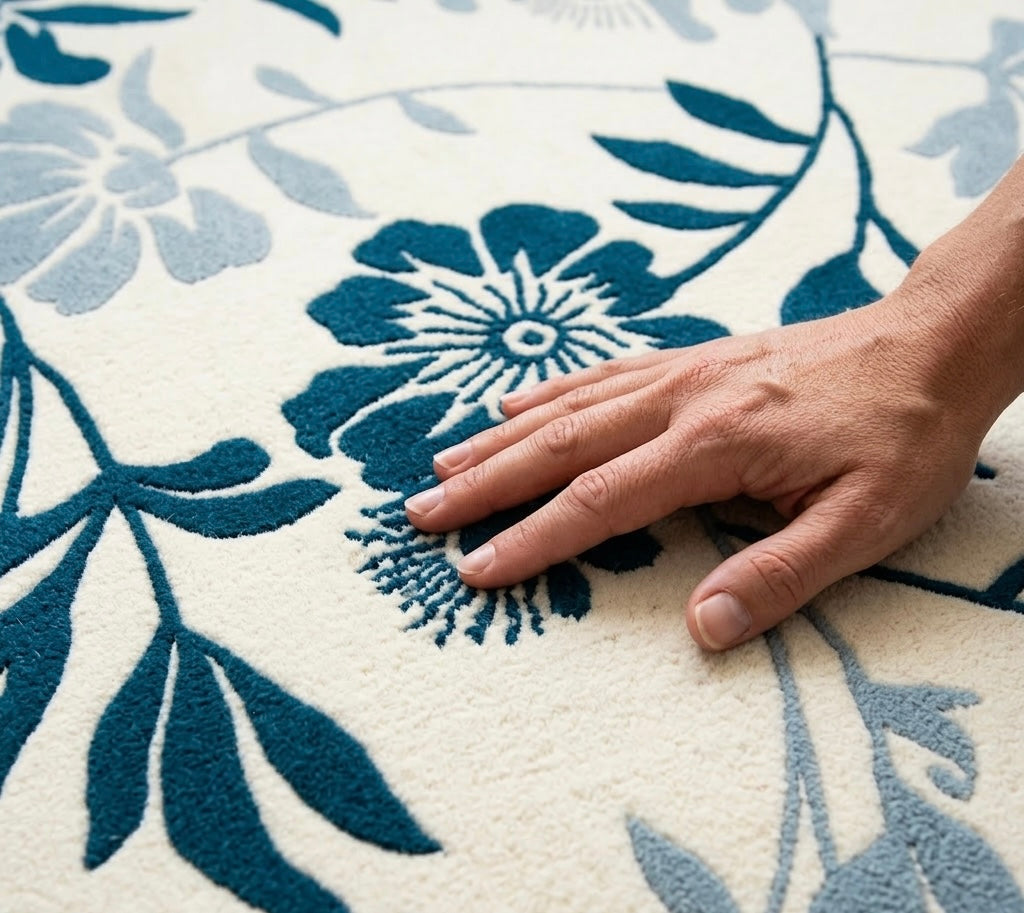 Ivory and Blue Floral Round Rug