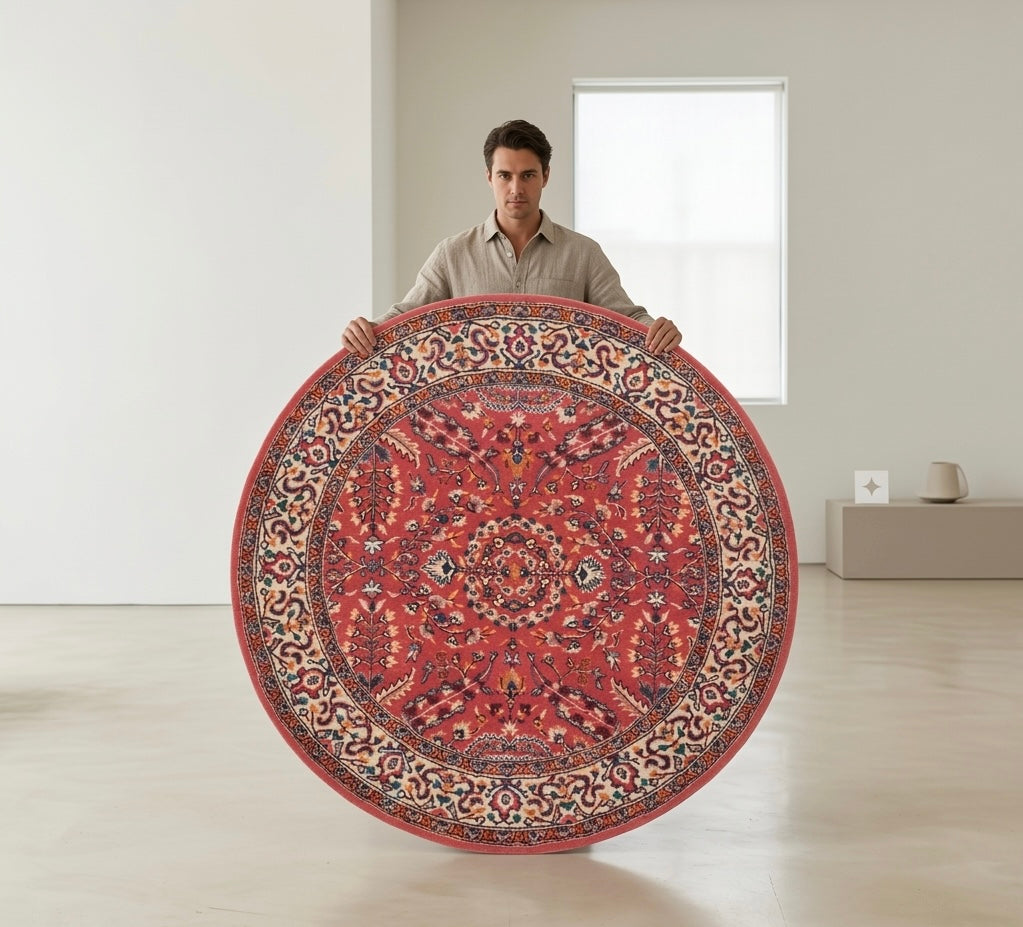 Red & Cream Floral Medallion Round Rug