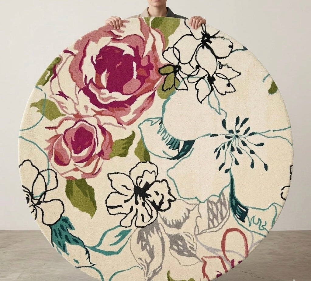 Pink and Ivory Floral Round Rug