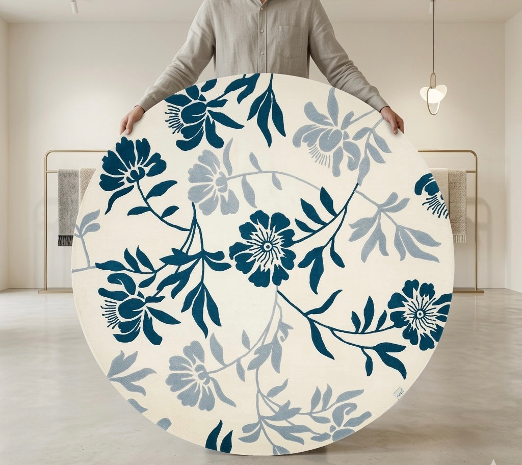 Ivory and Blue Floral Round Rug