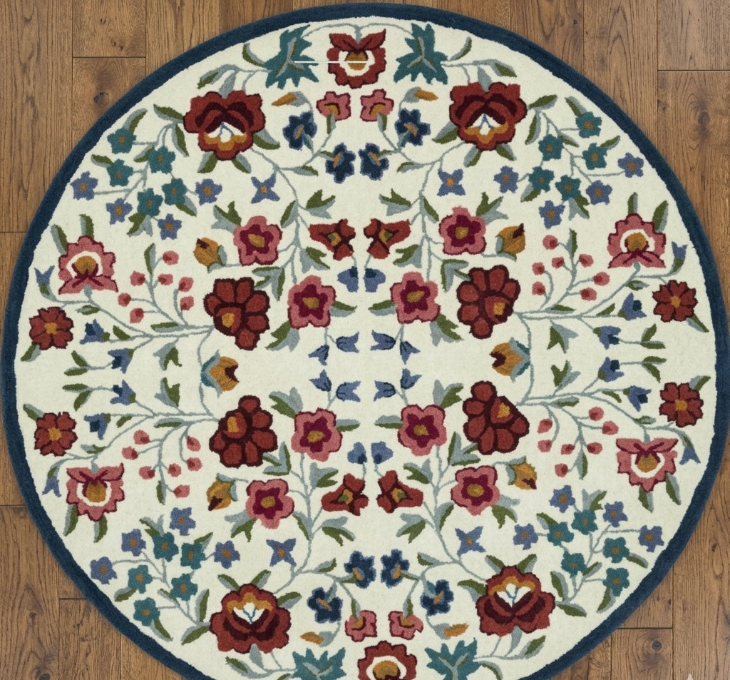 Blue Round Border Floral Area Rug