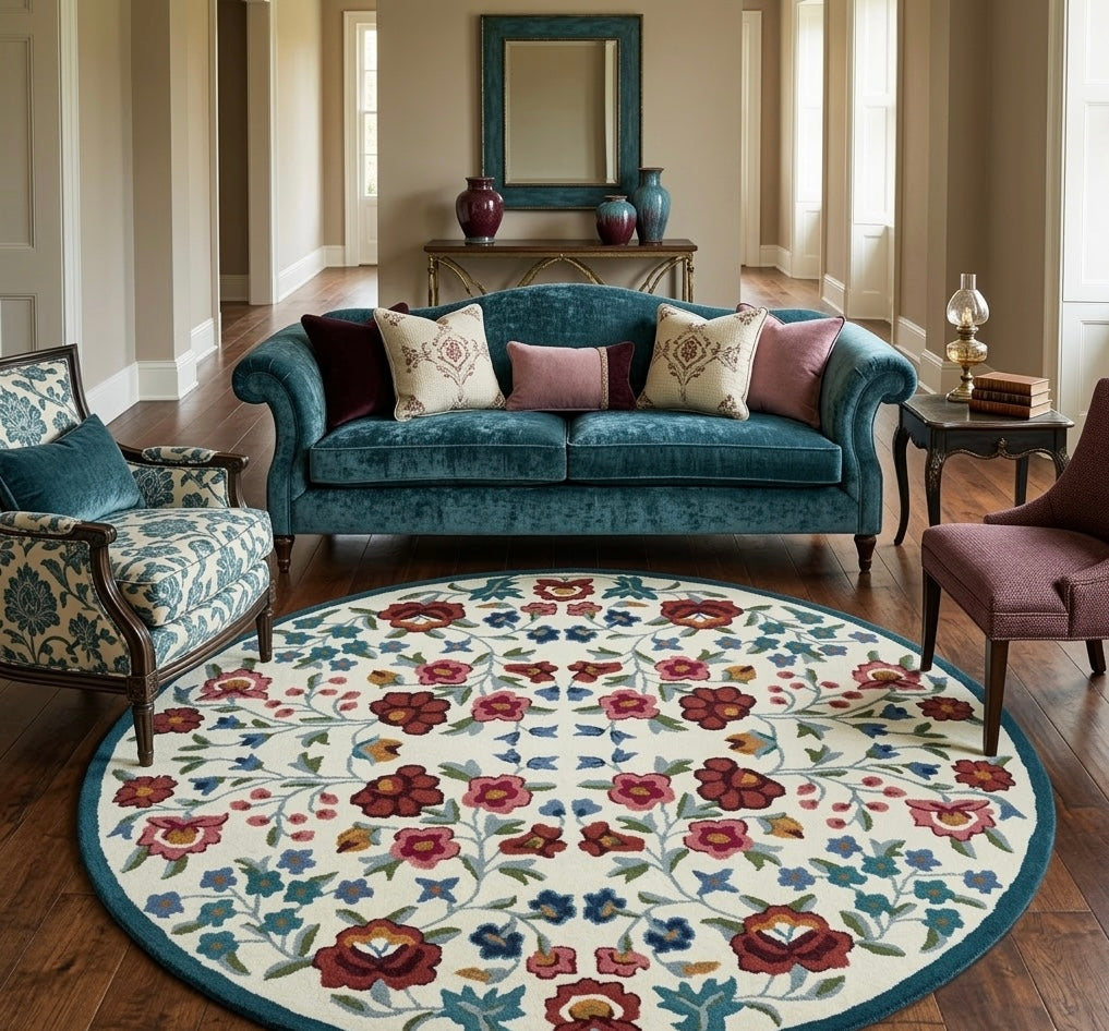 Blue Round Border Floral Area Rug