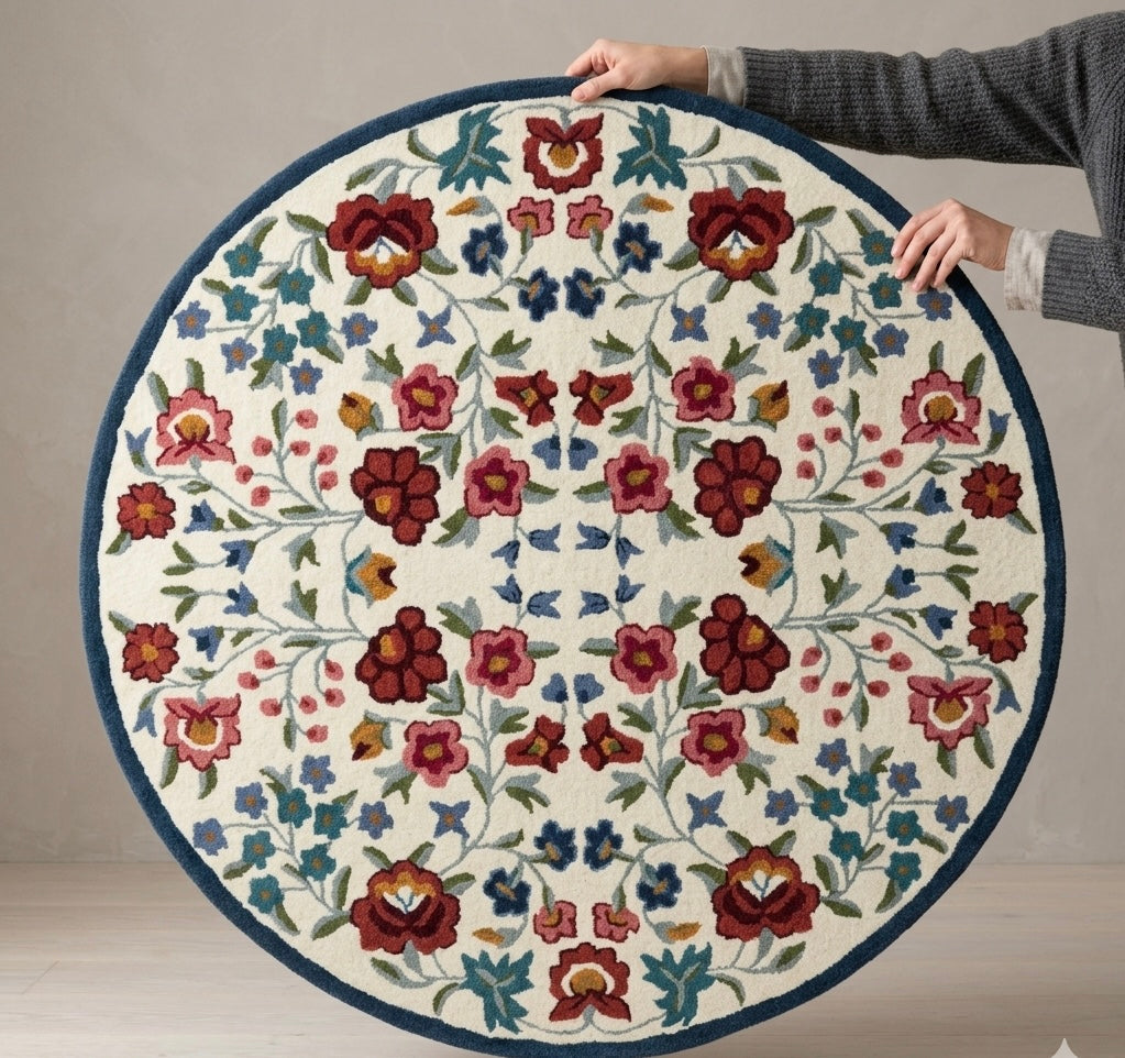 Blue Round Border Floral Area Rug