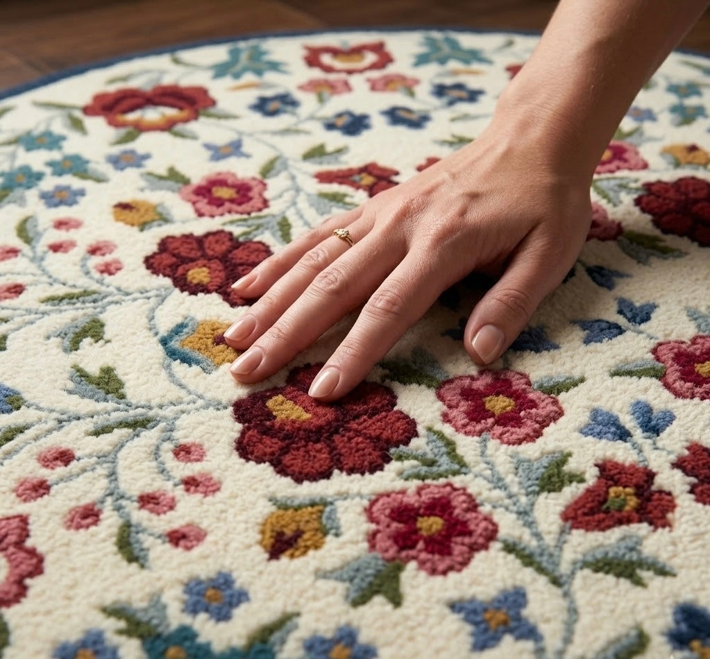 Blue Round Border Floral Area Rug