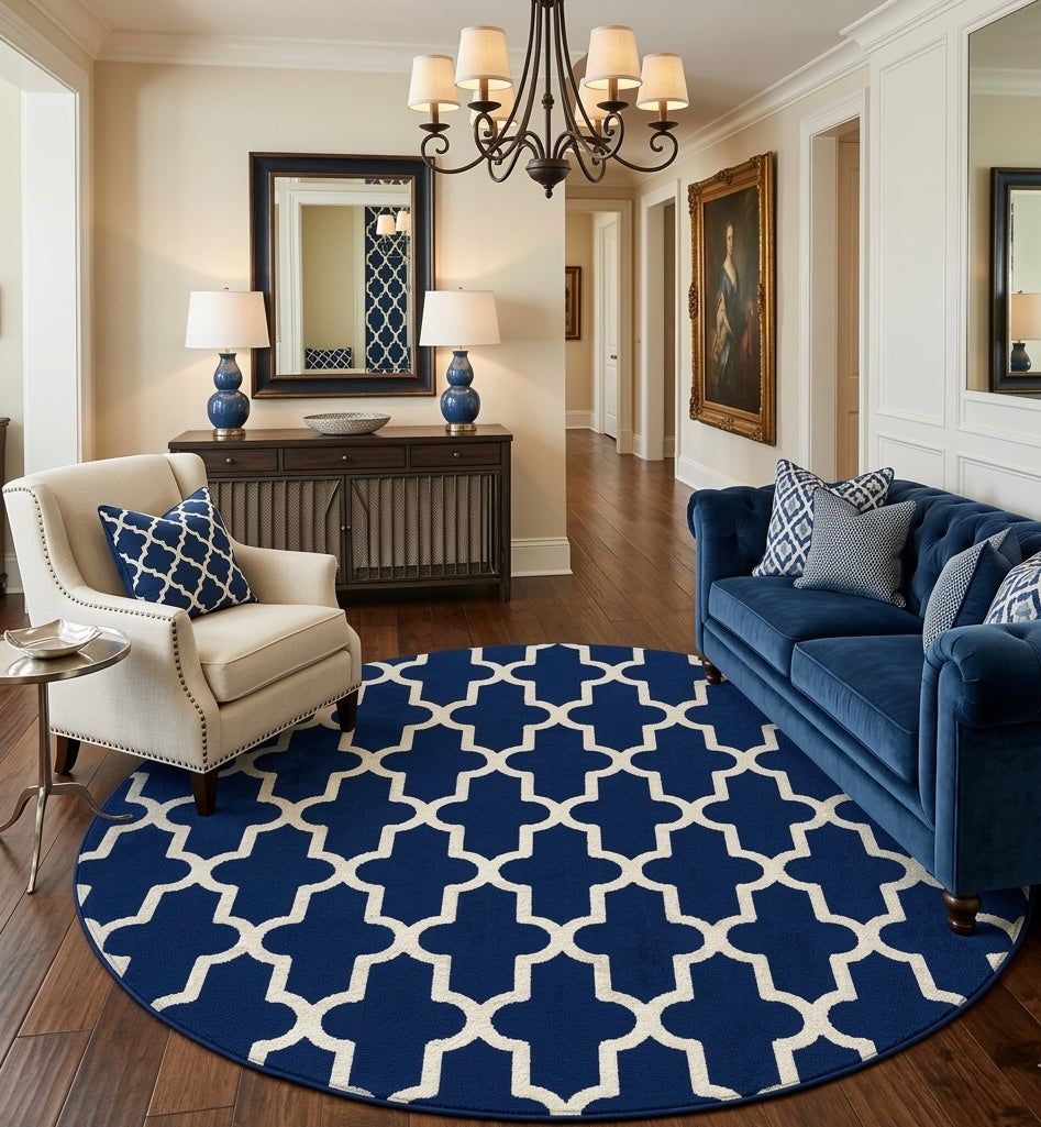 Navy Blue and White Round Trellis Rug