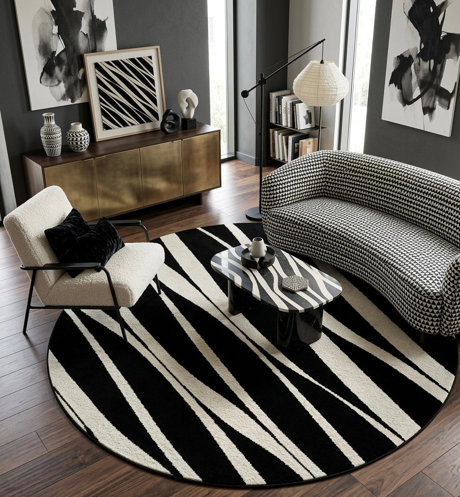 Diagonal Wavy Line Abstract Round Rug