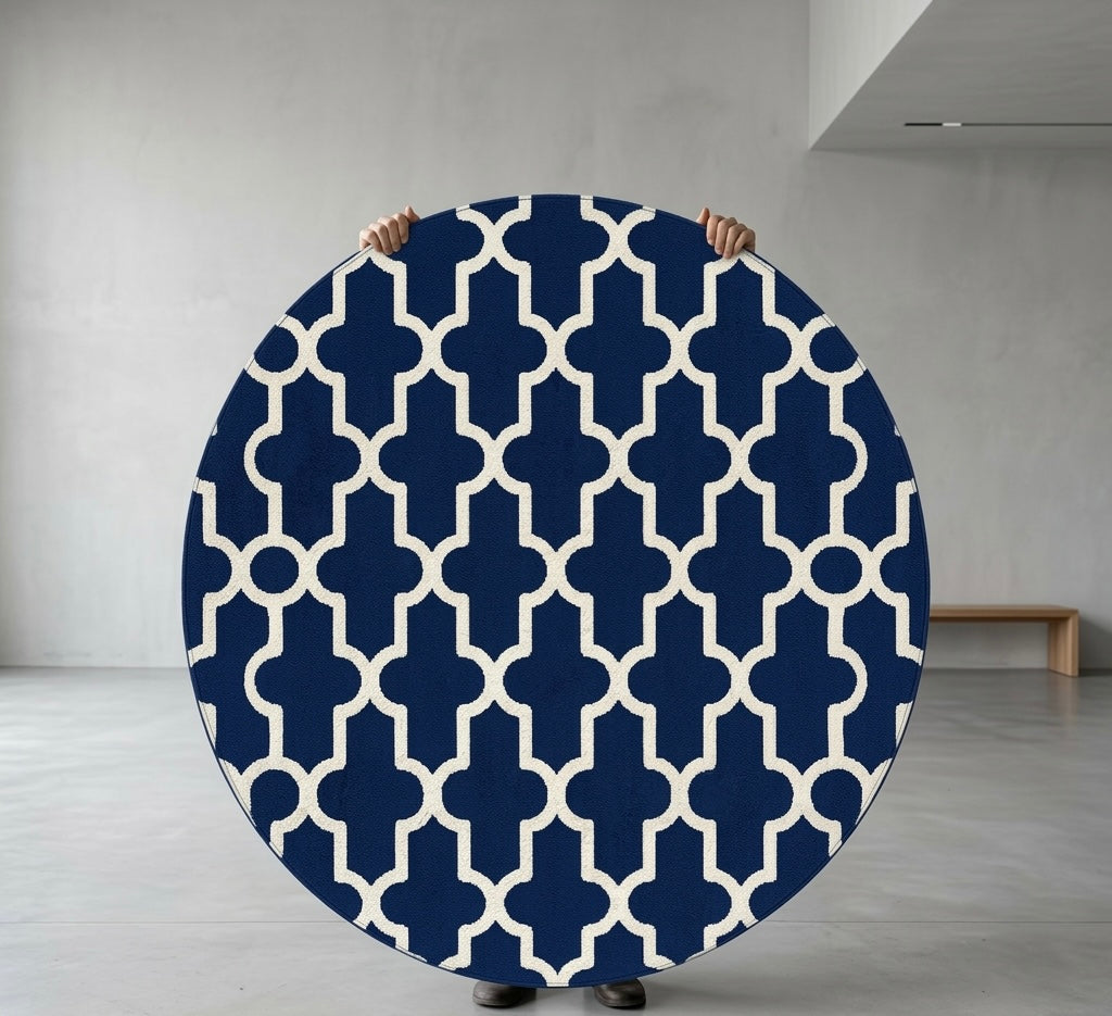 Navy Blue and White Round Trellis Rug