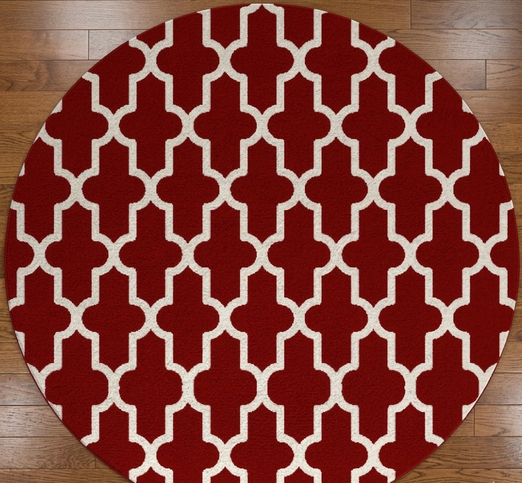 Red and White Moroccan Trellis Round Rug