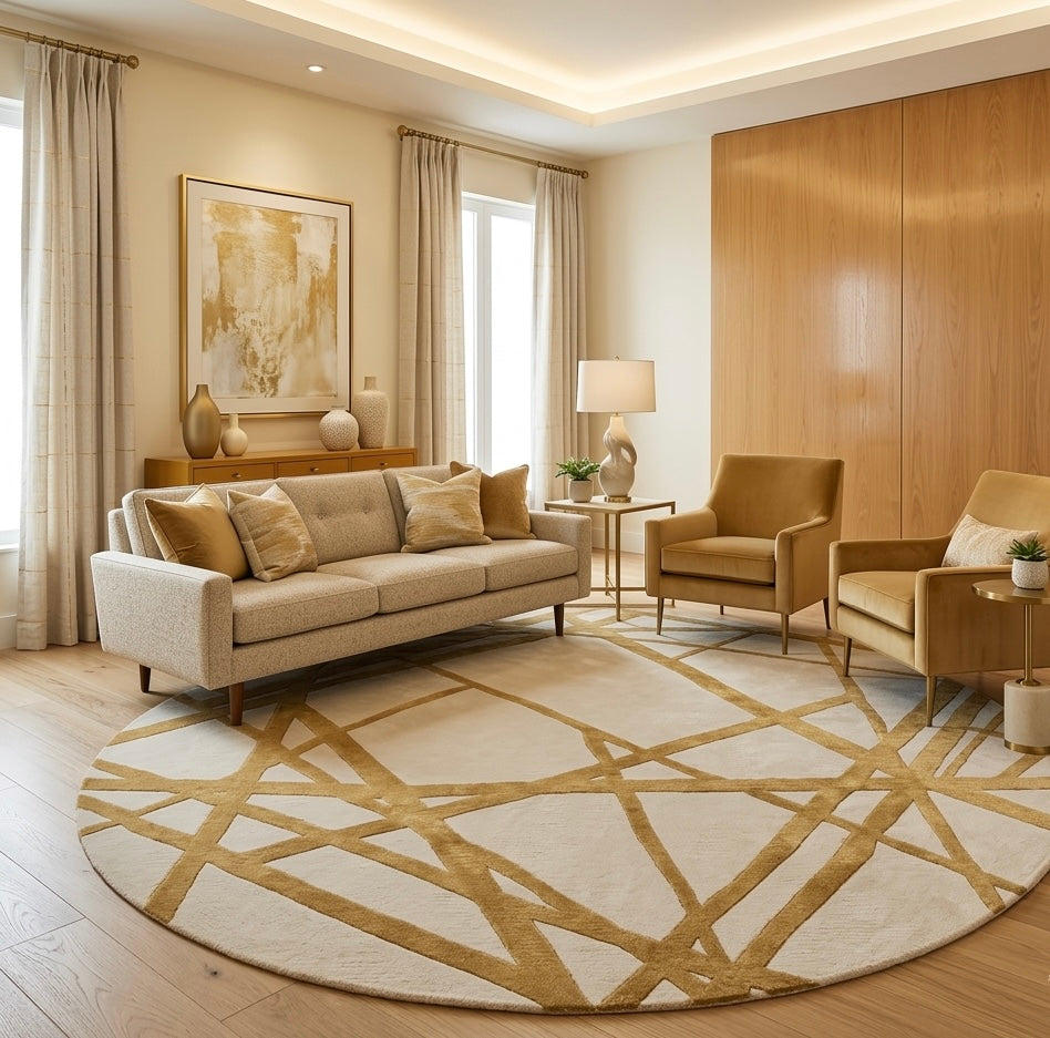 Gold Crossed Lines Round Rug