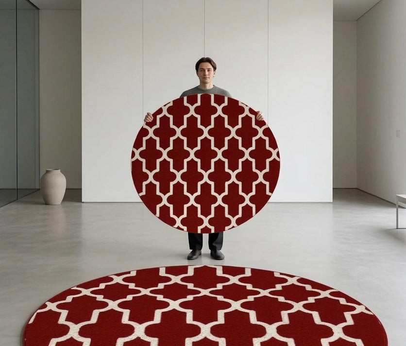 Red and White Moroccan Trellis Round Rug