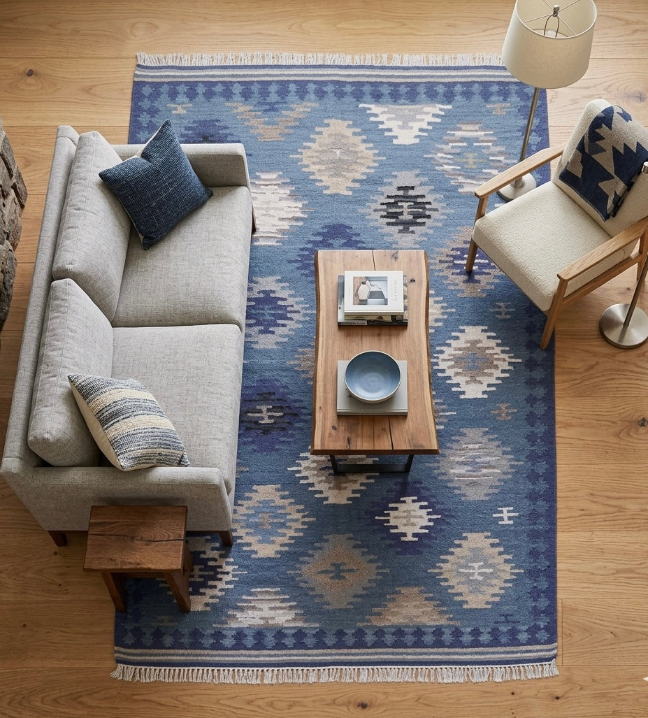 Blue Handloom Kilim Rug Diamond Pattern