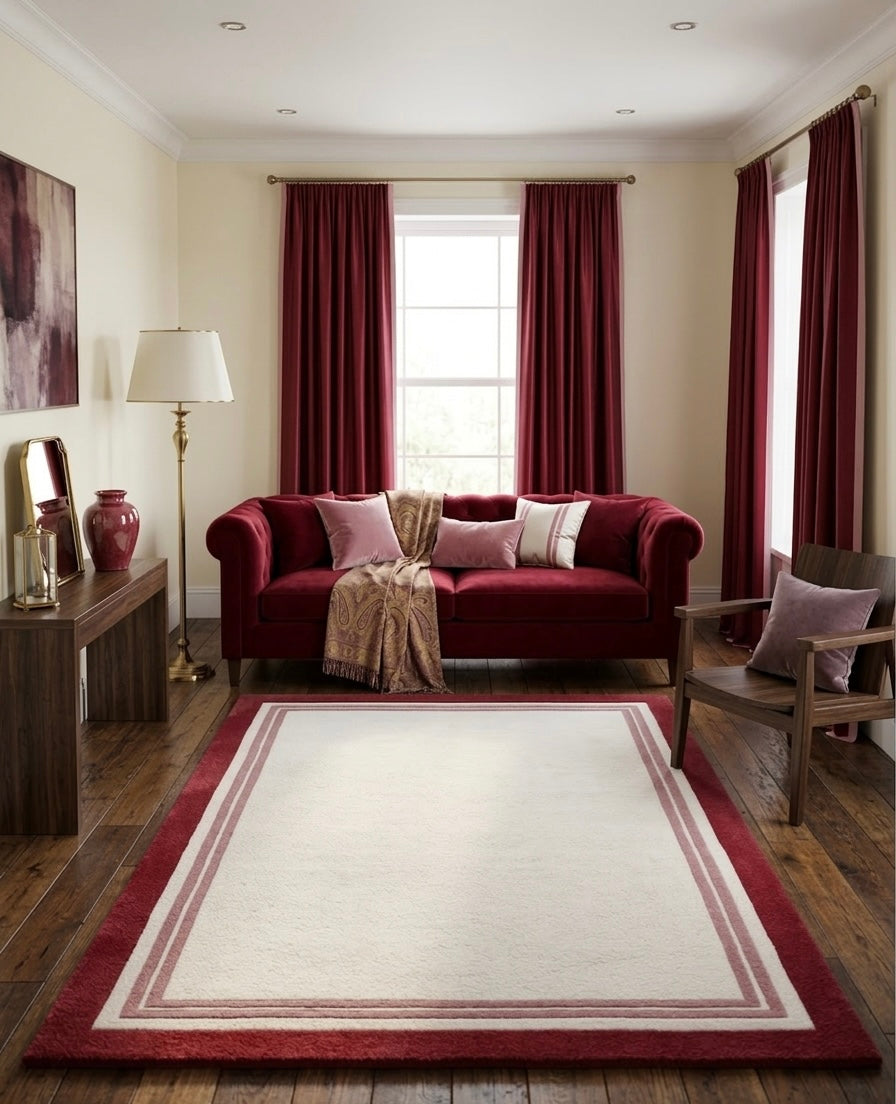 Linear Border Rug in Rose & Cream Handtufted Rugs