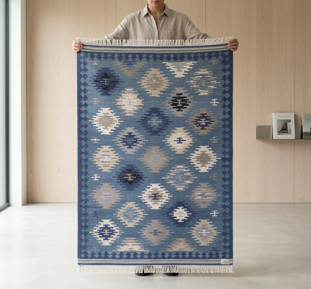 Blue Handloom Kilim Rug Diamond Pattern