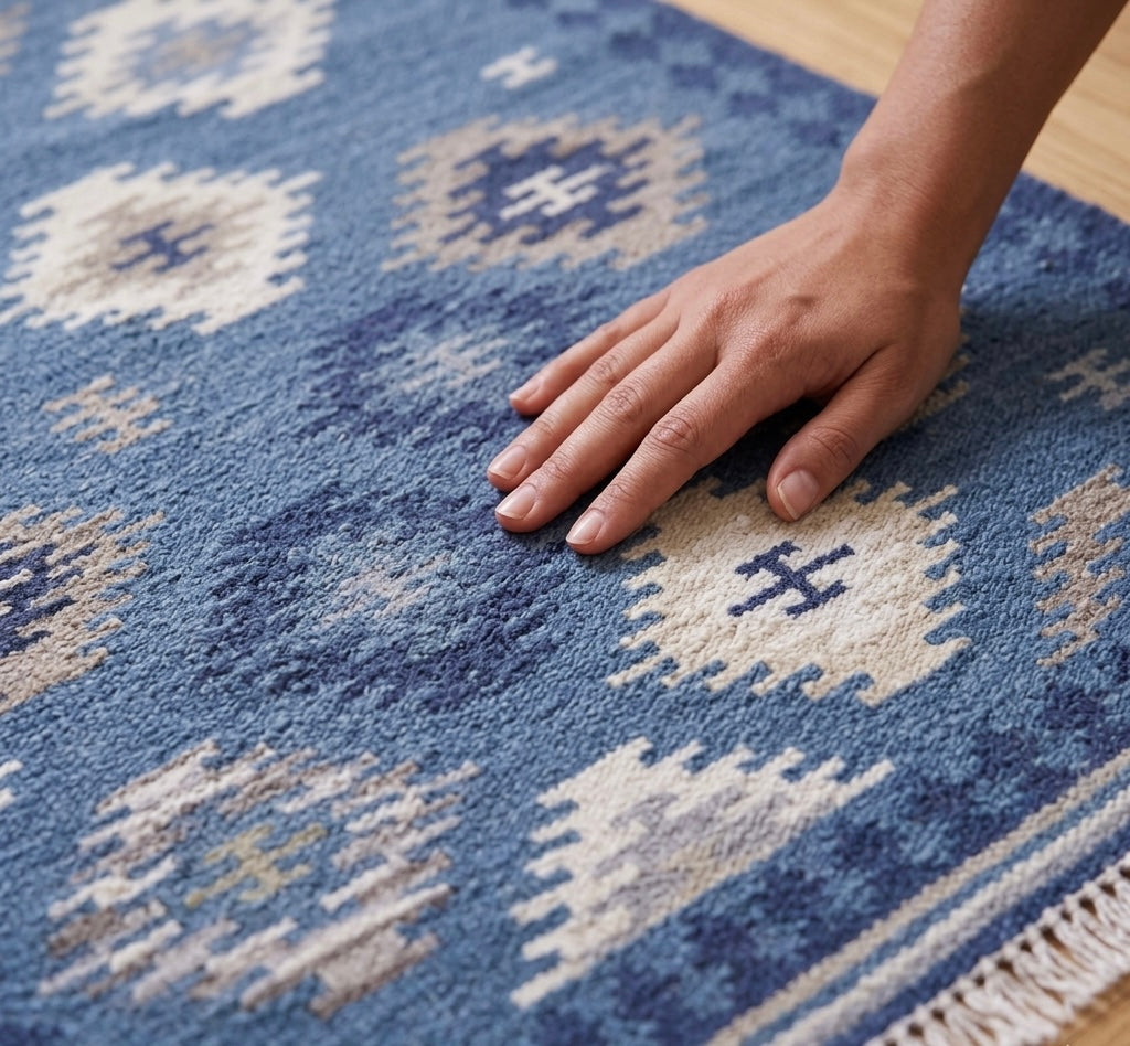 Blue Handloom Kilim Rug Diamond Pattern