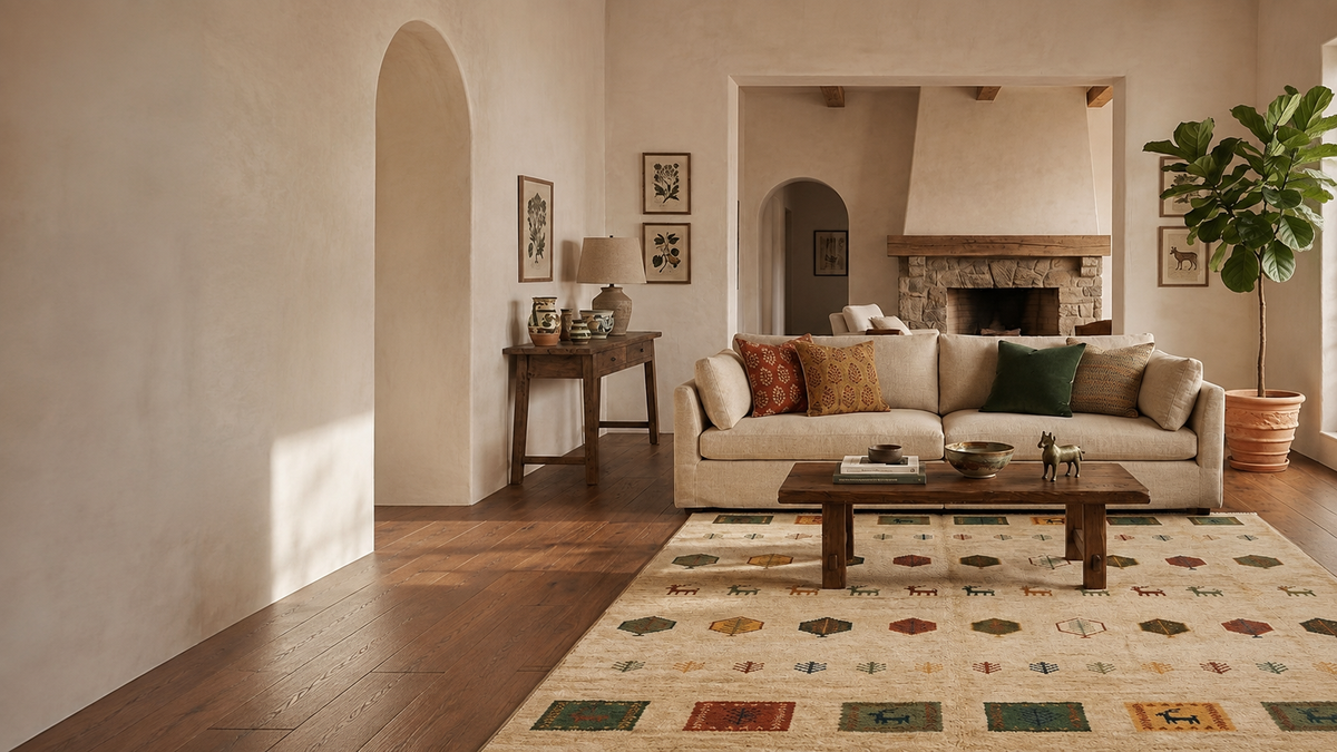 AI-styled interior concept featuring an ivory rug, linen sofa and walnut table