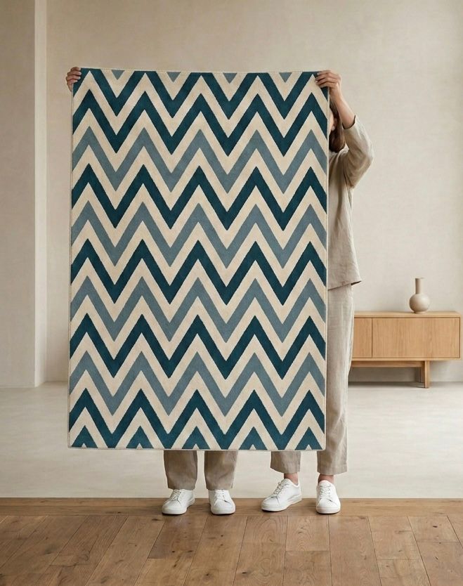 Blue and Cream Chevron Handtufted Rugs