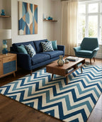 Blue and Cream Chevron Handtufted Rugs
